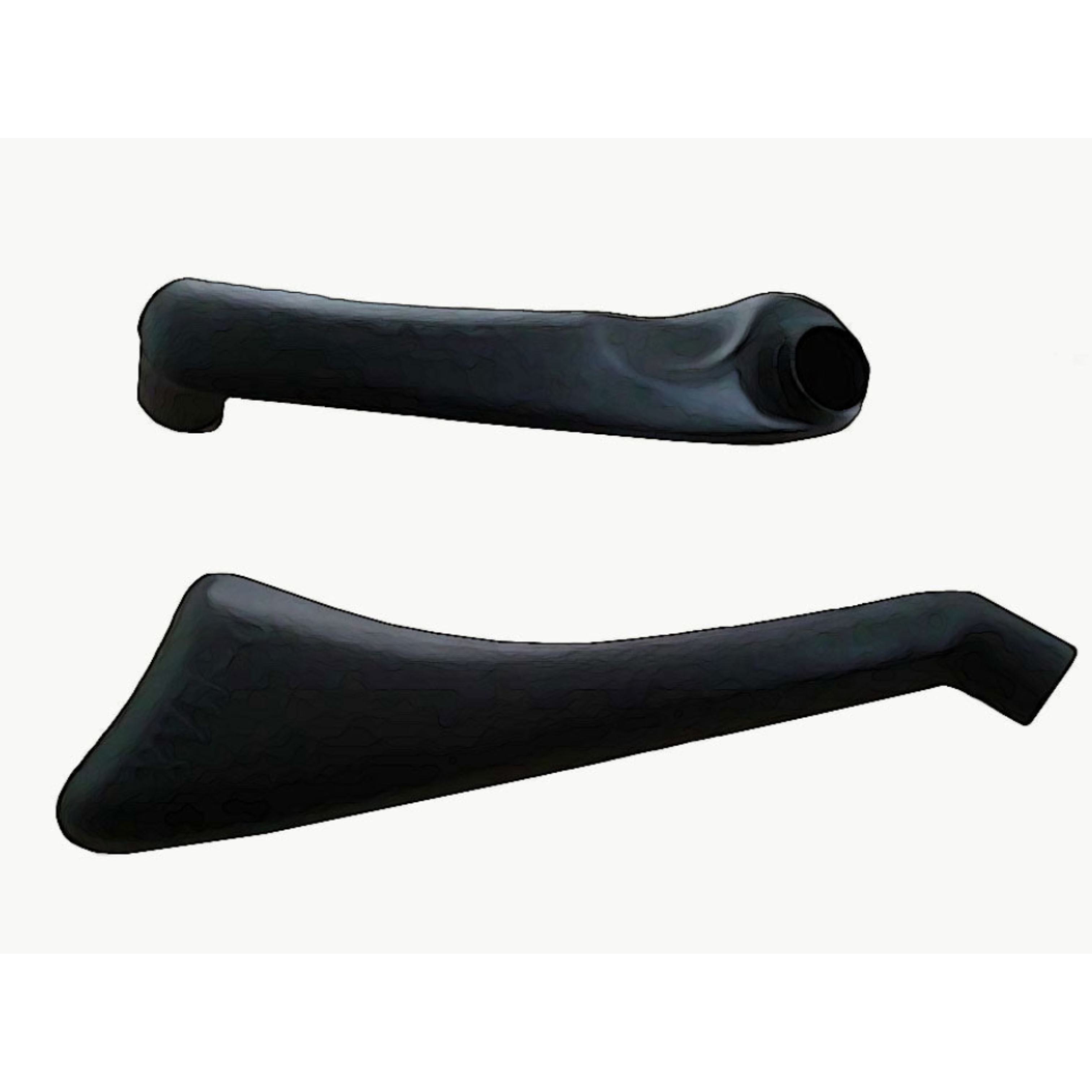 Two views of a black automotive snorkel body, displayed against a white background. The snorkel is a long, molded plastic air intake tube designed for off-road vehicles. The top image shows a side profile, highlighting the opening where the snorkel head/air ram would attach. The bottom image shows the longer, curved profile of the main body, indicating the full length that would run up the side of a vehicle. This image focuses solely on the snorkel's molded plastic shell.