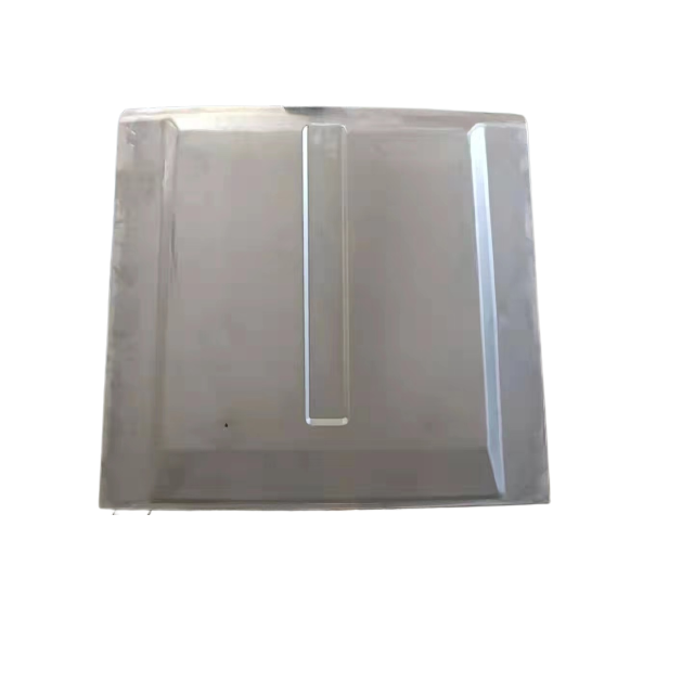 A square, light gray or metallic panel, possibly an automotive hood or roof panel, isolated on a white background. It features a central raised rectangular section running vertically down the middle, which functions as a structural rib or decorative element.