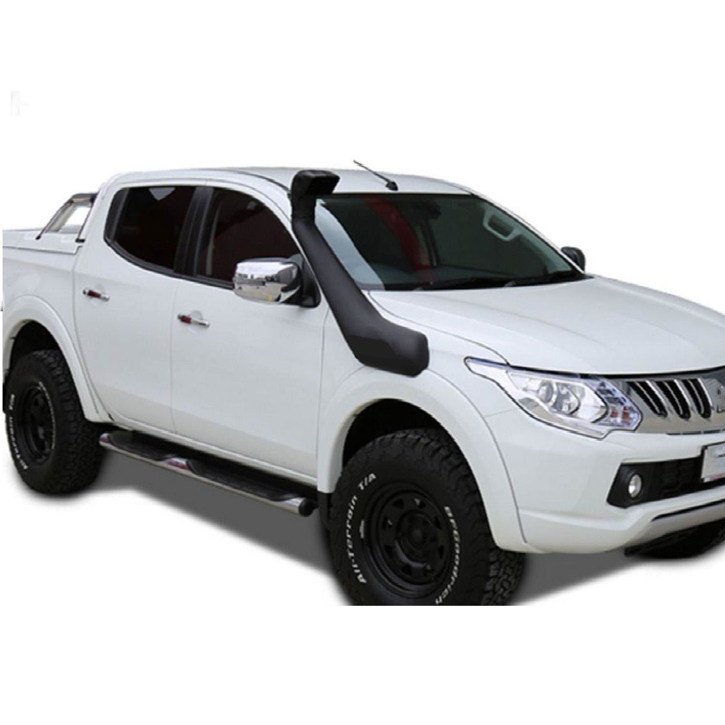 A three-quarter view photo of a white four-door pickup truck (Double Cab) equipped with off-road accessories, set against a plain white background. The truck features a black aftermarket snorkel mounted on the driver's side A-pillar and fender, black wheels with large BFGoodrich All-Terrain T/A tires, and silver side steps beneath the doors. The truck's body has an aggressive stance.