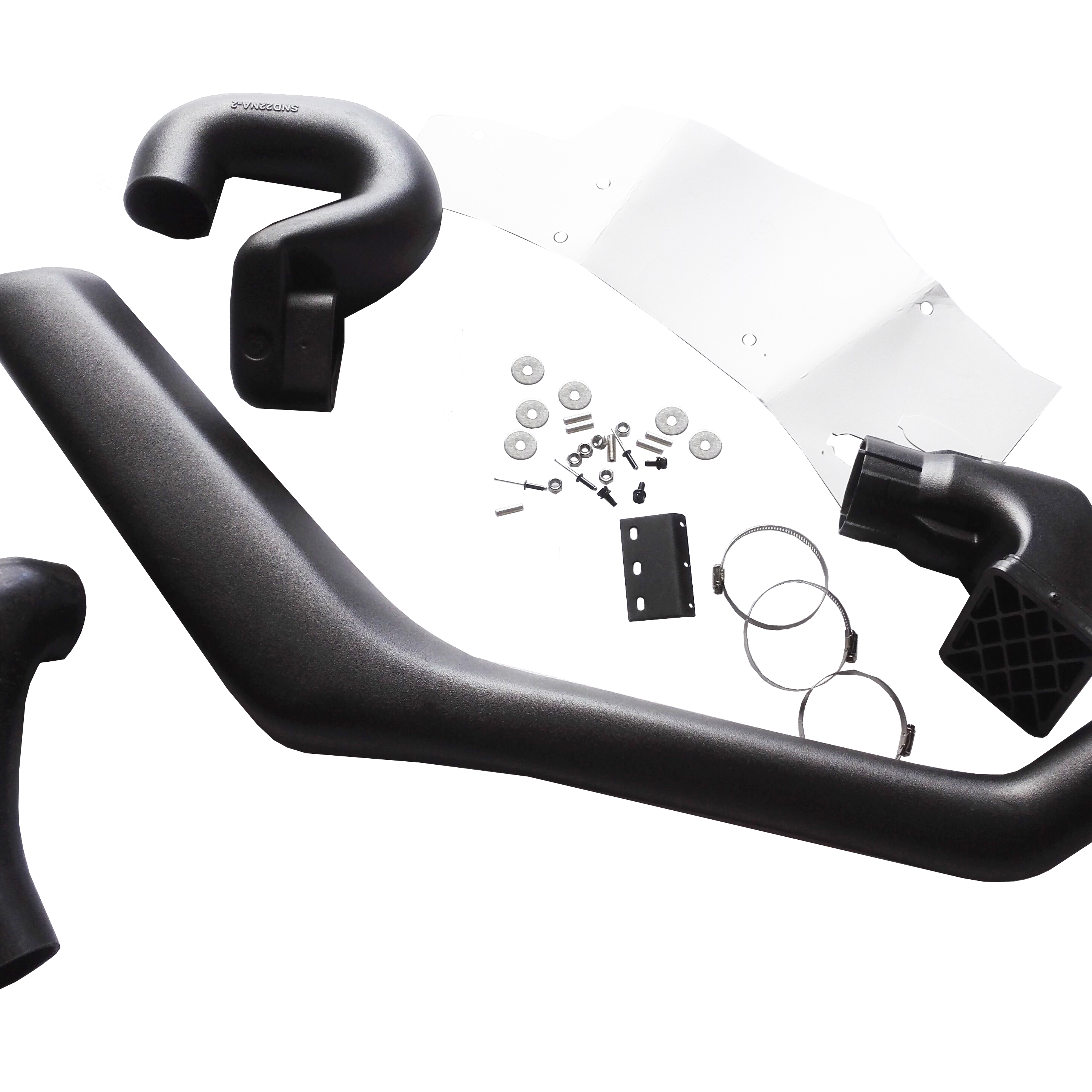 A studio photograph of the individual components of a black automotive snorkel kit, arranged on a dark checkered background. The main pieces include the long, curved snorkel body and several black plastic elbow and connector pipes. Also visible are the mounting hardware, consisting of metal clamps, bolts, washers, nuts, a small black bracket, and a white paper or plastic template with several holes for installation marking.