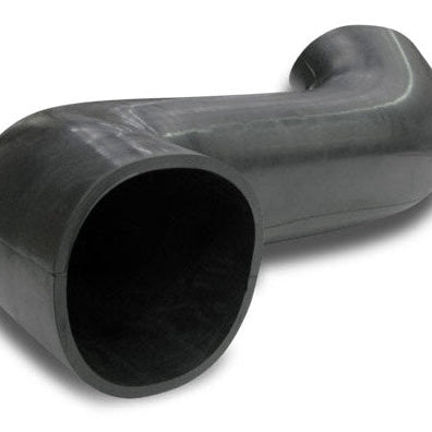 A close-up, high-angle shot of a black, S-shaped plastic pipe, which is a connecting hose or elbow piece from an automotive snorkel kit. The pipe has smooth, curved angles and a large, circular opening facing the viewer, highlighting the thick material and dark interior.