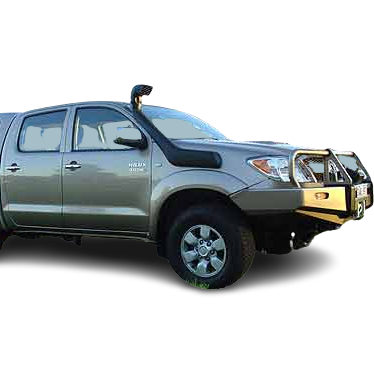 An angled side view of a tan or grey double-cab pickup truck (likely a Toyota Hilux) with significant off-road modifications, set against a transparent checkered background. The truck is fitted with a black snorkel on the driver's side A-pillar and a heavy-duty metallic bull bar on the front bumper.