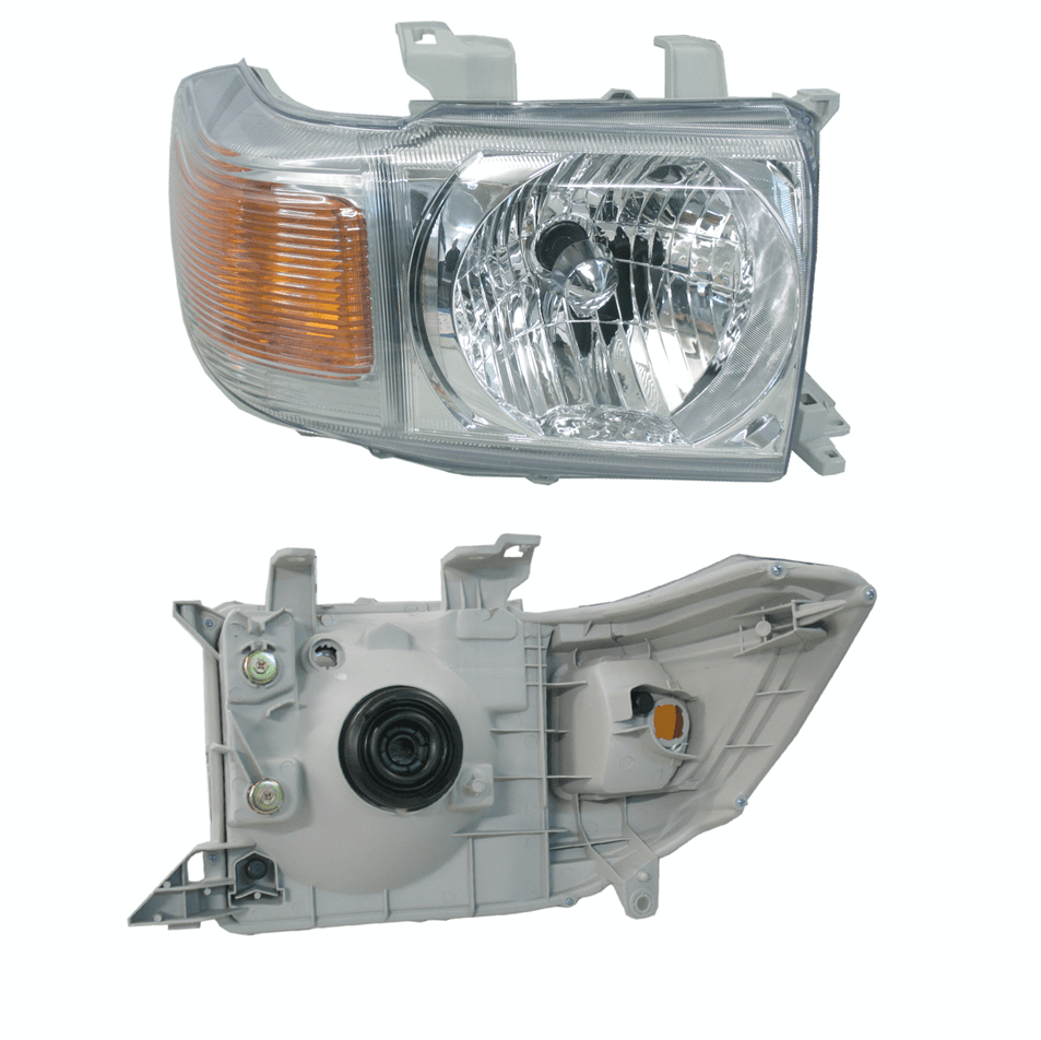 Front and rear view of a clear, square-shaped automotive headlight assembly. The top view shows the clear lens, a large central main beam reflector, and an integrated amber turn signal lens on the left. The bottom view shows the light gray plastic housing, mounting points, bulb access cover, and wiring connection points.