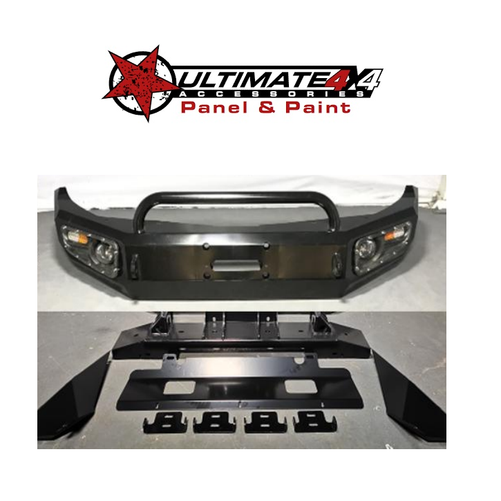 A black, heavy-duty bull bar or replacement front bumper for a 4x4 vehicle is shown. The bumper has an integrated steel nudge bar/A-bar across the front and cutouts for headlights/driving lights on the left and right. The bottom image shows the bumper disassembled, featuring the main bumper piece, a separate mounting bracket, and a winch plate, along with various installation pieces. The image is overlaid with a logo for "ULTIMATE 4X4 ACCESSORIES Panel & Paint."