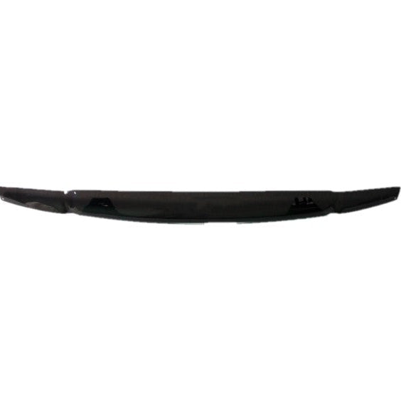 A long, narrow, dark, and glossy automotive bug deflector or bonnet protector, curved slightly upwards at the ends, isolated against a white background.