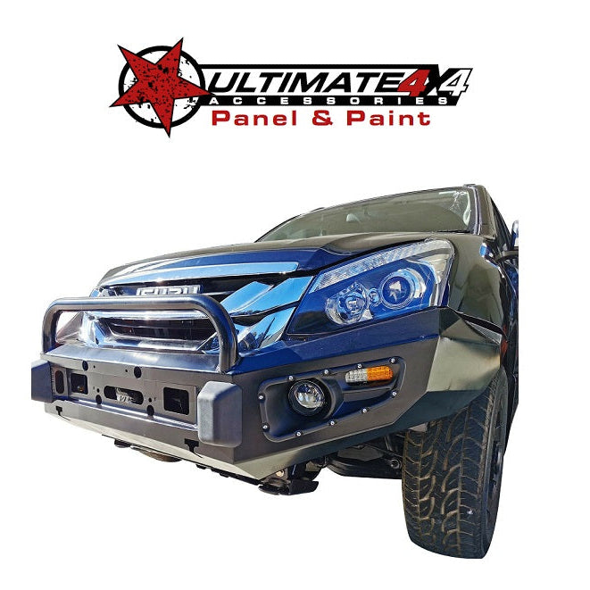 A dark-colored Isuzu D-Max or MU-X fitted with a heavy-duty, black aftermarket bull bar or steel bumper. The image is cropped to show the front of the vehicle from a low angle. Above the vehicle is a logo that reads "ULTIMATE 4X4 ACCESSORIES Panel & Paint," featuring a large red star icon.